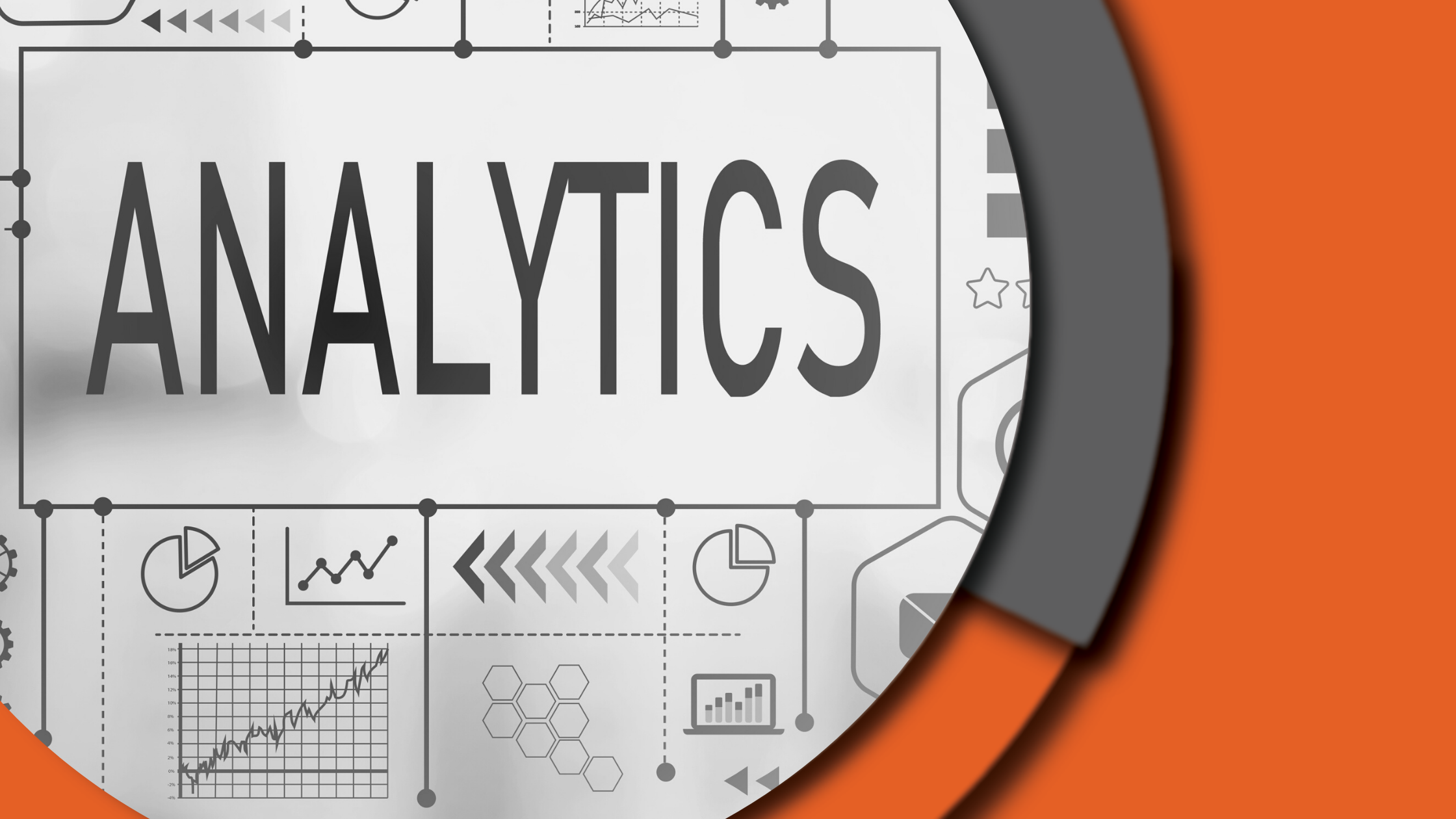 Analytics skills in black and white wording on an orange background.