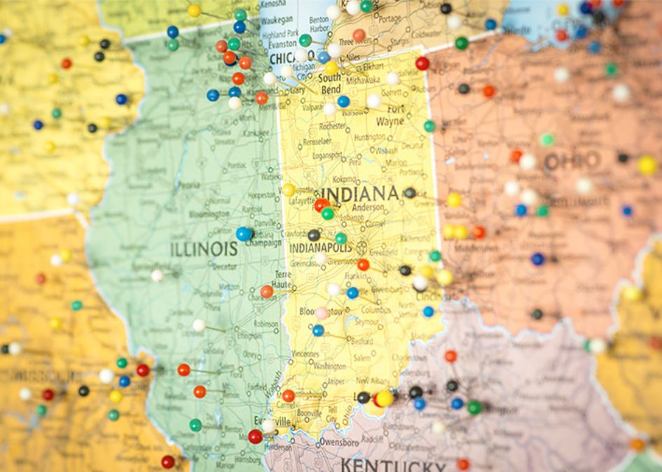 A map of Indiana with pins on it, showcasing multi-site marketing.