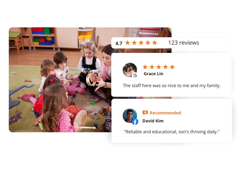 Children in a playgroup with a review widget overlay showing positive feedback.