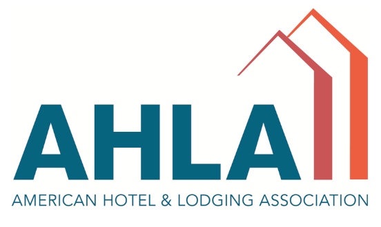 AHLA logo with abstract hotel building silhouette in teal and orange