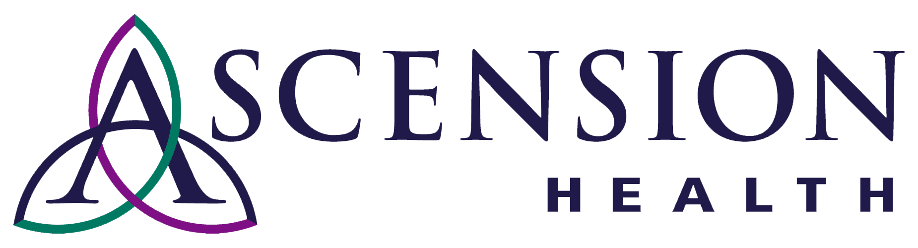 "Ascension Health logo with interlinked triangle design in purple and green."