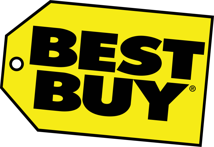 Yellow price tag-shaped logo with 'BEST BUY' in bold black letters, trademarked branding.