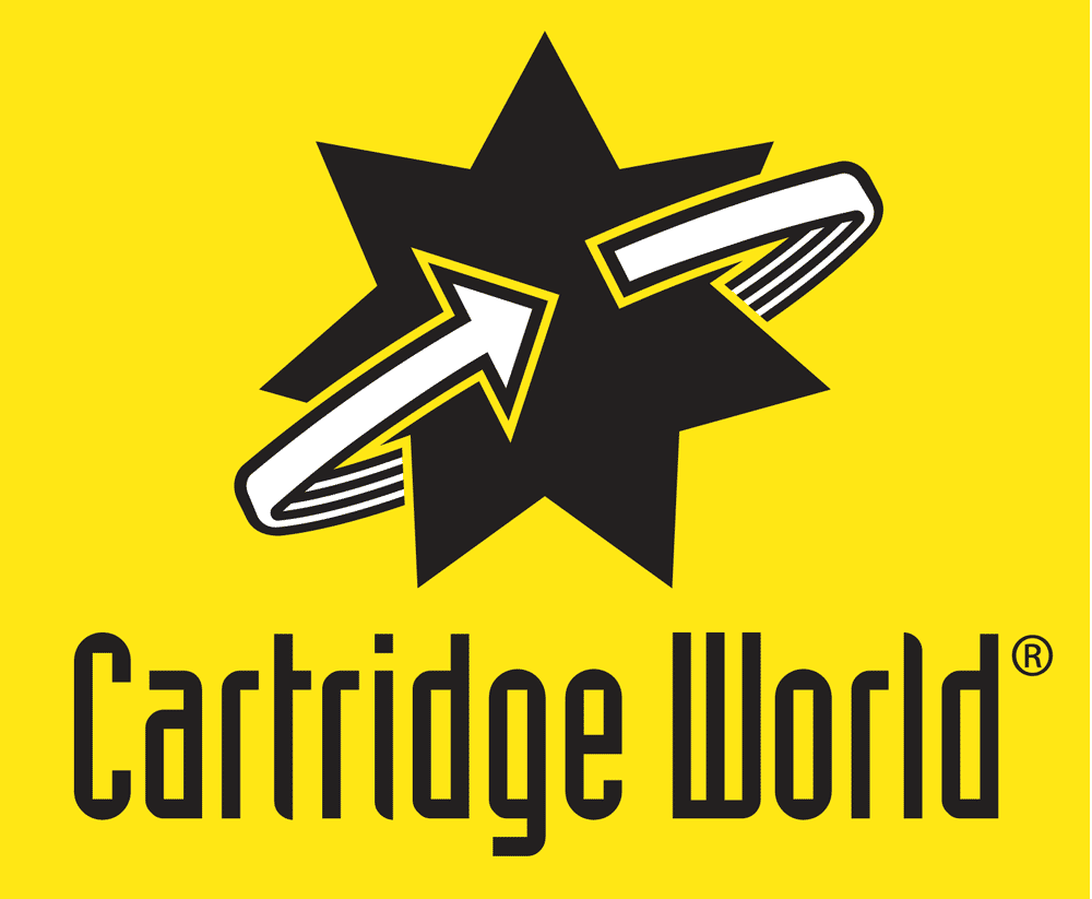 Cartridge World logo with a star and ink cartridge, highlighting print solutions.