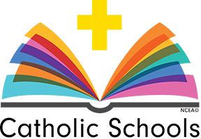 Colorful open book and yellow cross logo for Catholic Schools.