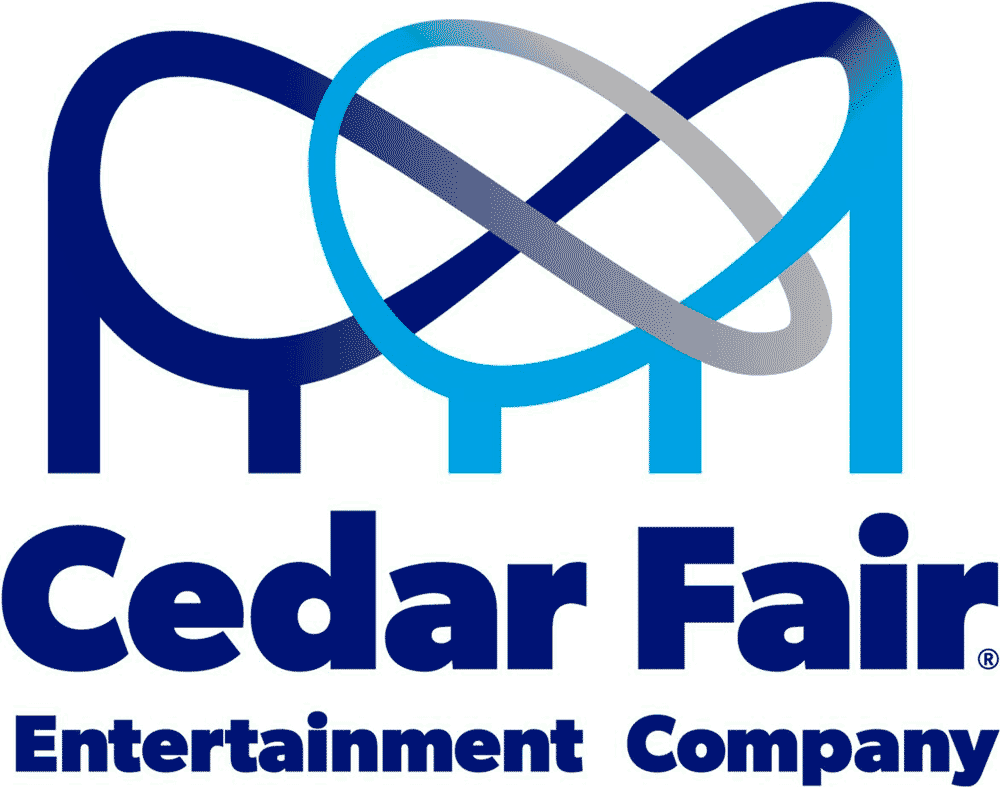Logo of Cedar Fair Entertainment Company featuring intertwined roller coaster track design in blue and gray