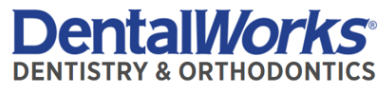 "DentalWorks logo with bold blue text highlighting dentistry and orthodontics services."