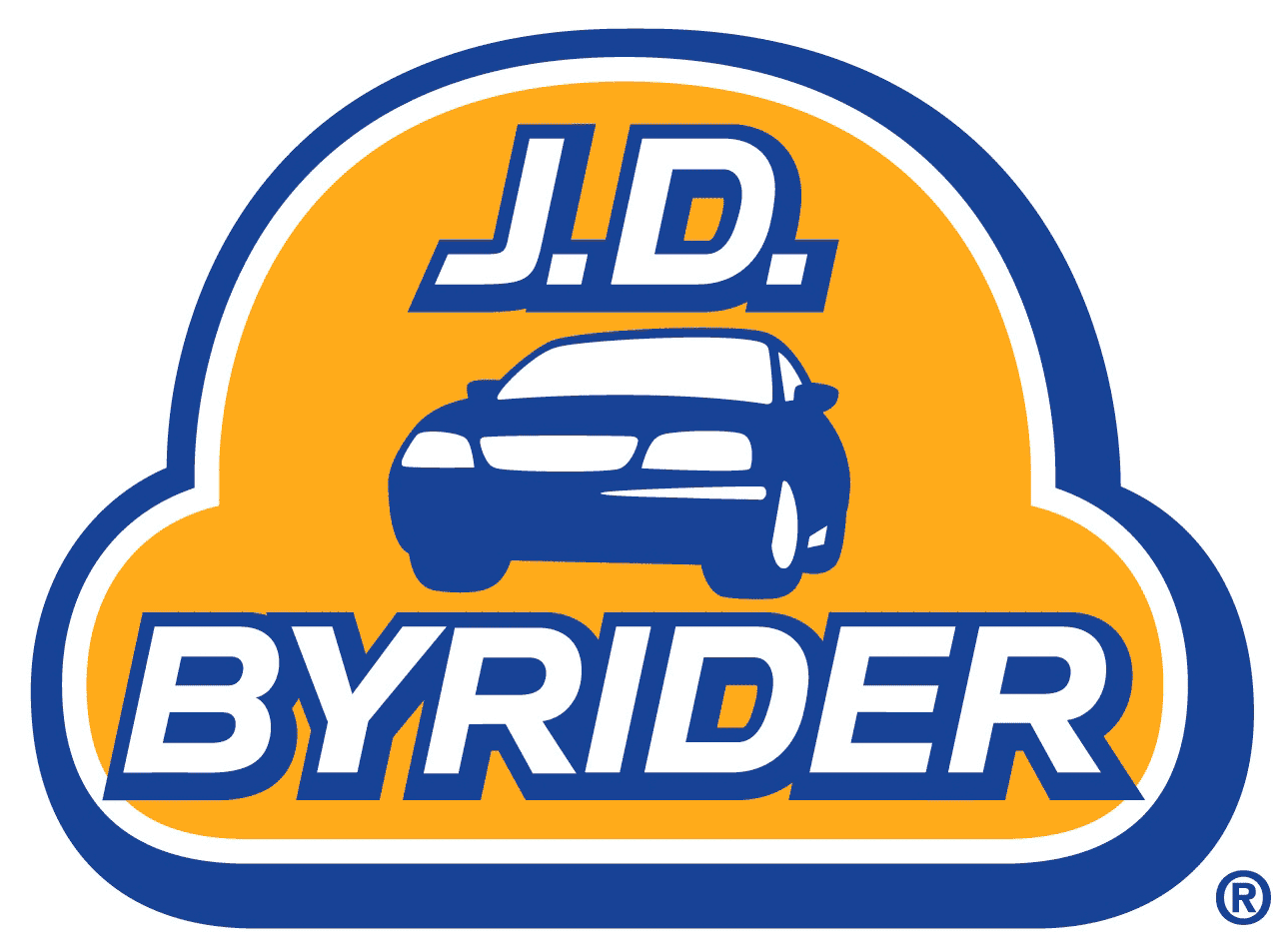 "J.D. Byrider logo with blue car silhouette on a golden backdrop."