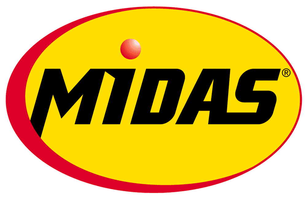 "Midas logo with bold black text on a yellow oval background."