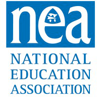 NEA blue and white logo with graduation cap icon