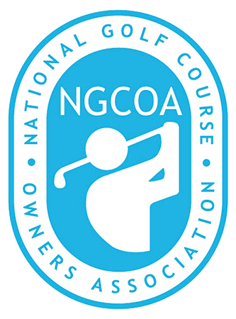 Blue and white NGCOA logo with golfer silhouette.