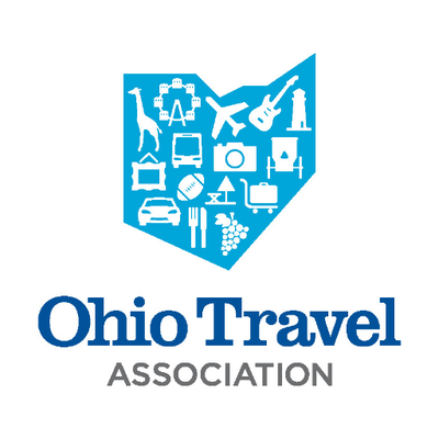 Blue Ohio state silhouette with travel icons for Ohio Travel Association