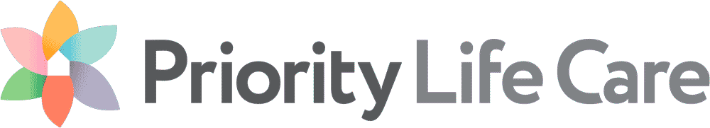 "Priority Life Care logo with colorful pinwheel graphic."