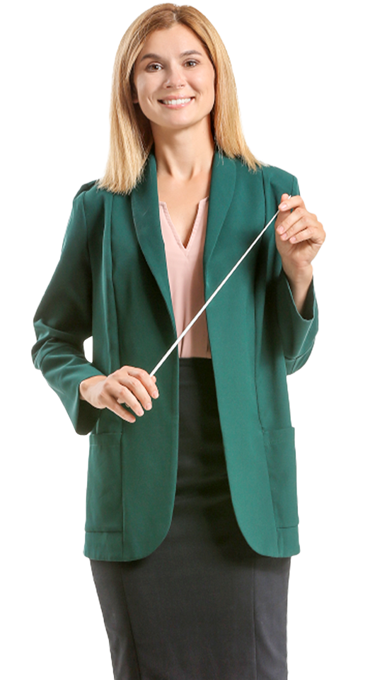 Smiling woman in professional attire holding a baton, isolated on transparent background