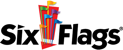 Six Flags theme park logo with colorful flags and bold black letters