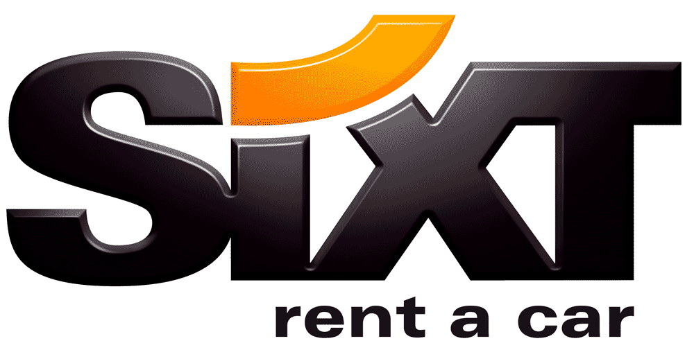 SIXT rent a car logo with orange swoosh above stylized black letters