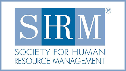SHRM logo, for the Society for Human Resource Management, in shades of blue.