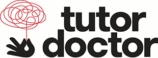 Tutor Doctor logo with a hand under a red thought bubble, black text on white