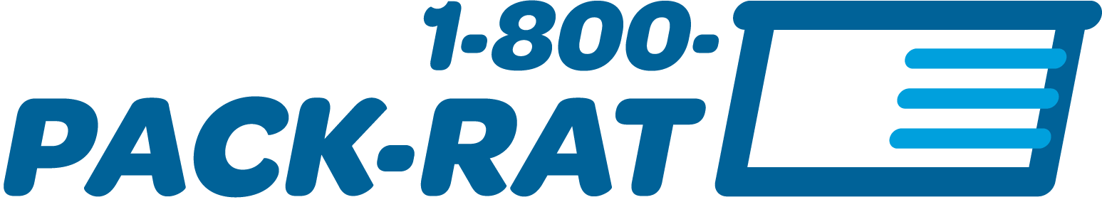 1-800-PACK-RAT logo with blue text and storage container icon on a transparent background