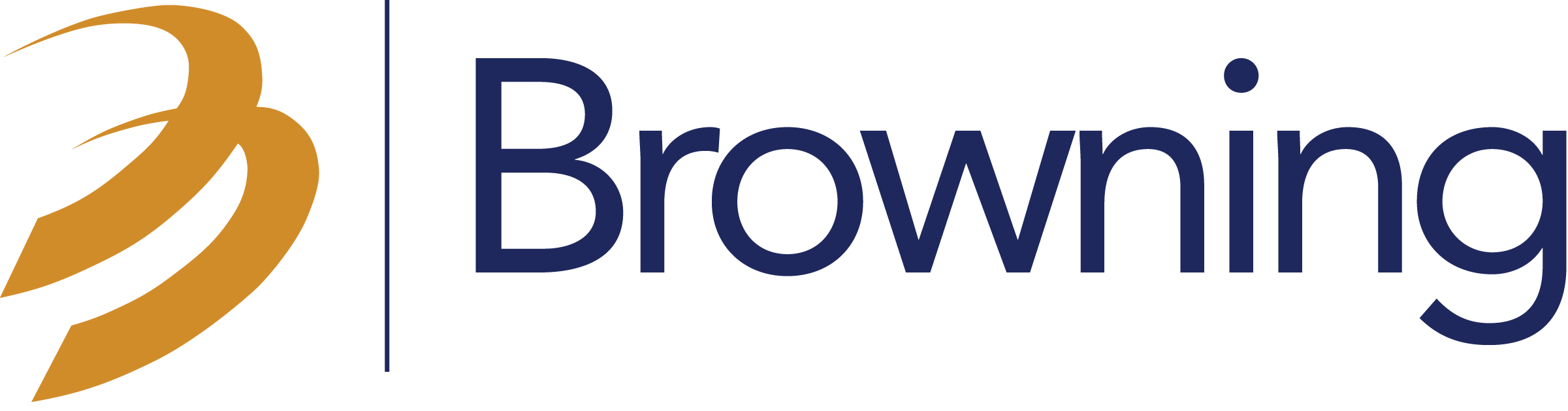 Browning logo with a golden feather and navy text on a transparent background