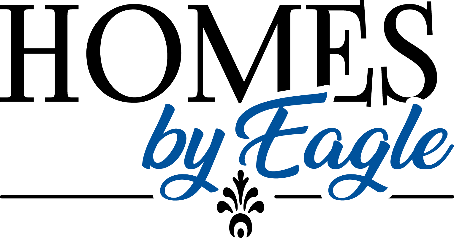 Homes by Eagle logo with bold black and blue script on a transparent background