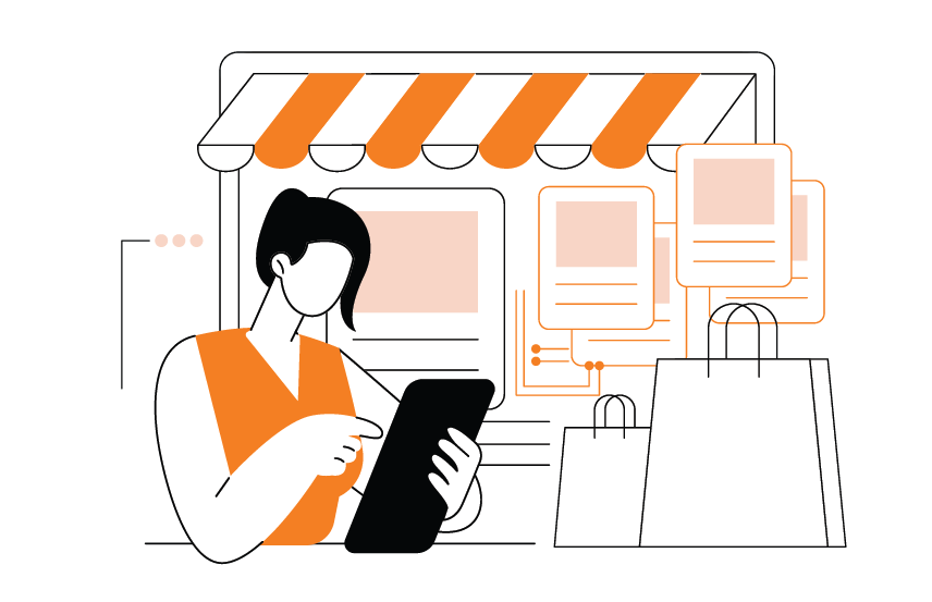 An illustration of a woman using a tablet in front of a store, showcasing her digital marketing expertise.