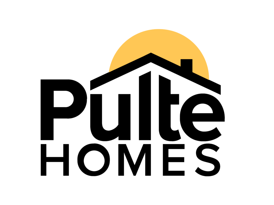 Pulte Homes logo with black text and a yellow sun over a house silhouette on a transparent background.